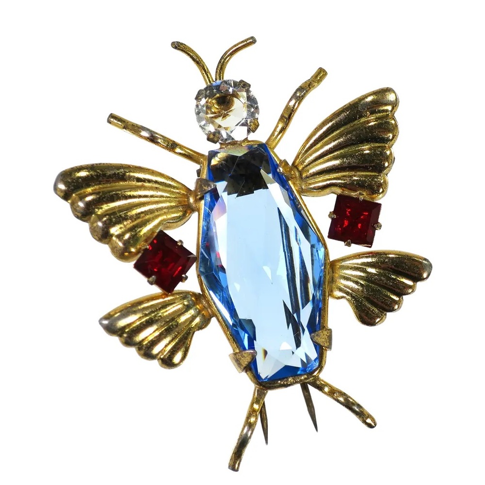 Art Deco Sterling Insect Glass Gemstones Brooch Fur Clip Schiaparelli Style